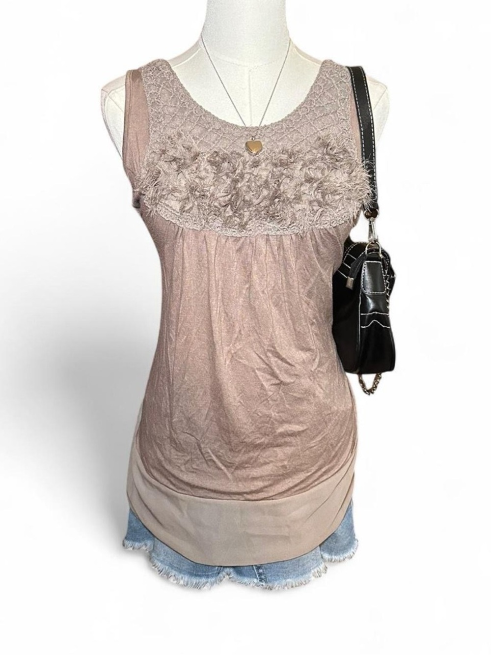 Espresso Taupe-Brown Feather Trim Tank Fairycore Boho Mobwife